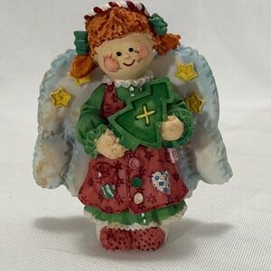 Vintage Enesco Christmas Angel Figurine 1995 Folk Art Girl Holding Tree Holiday